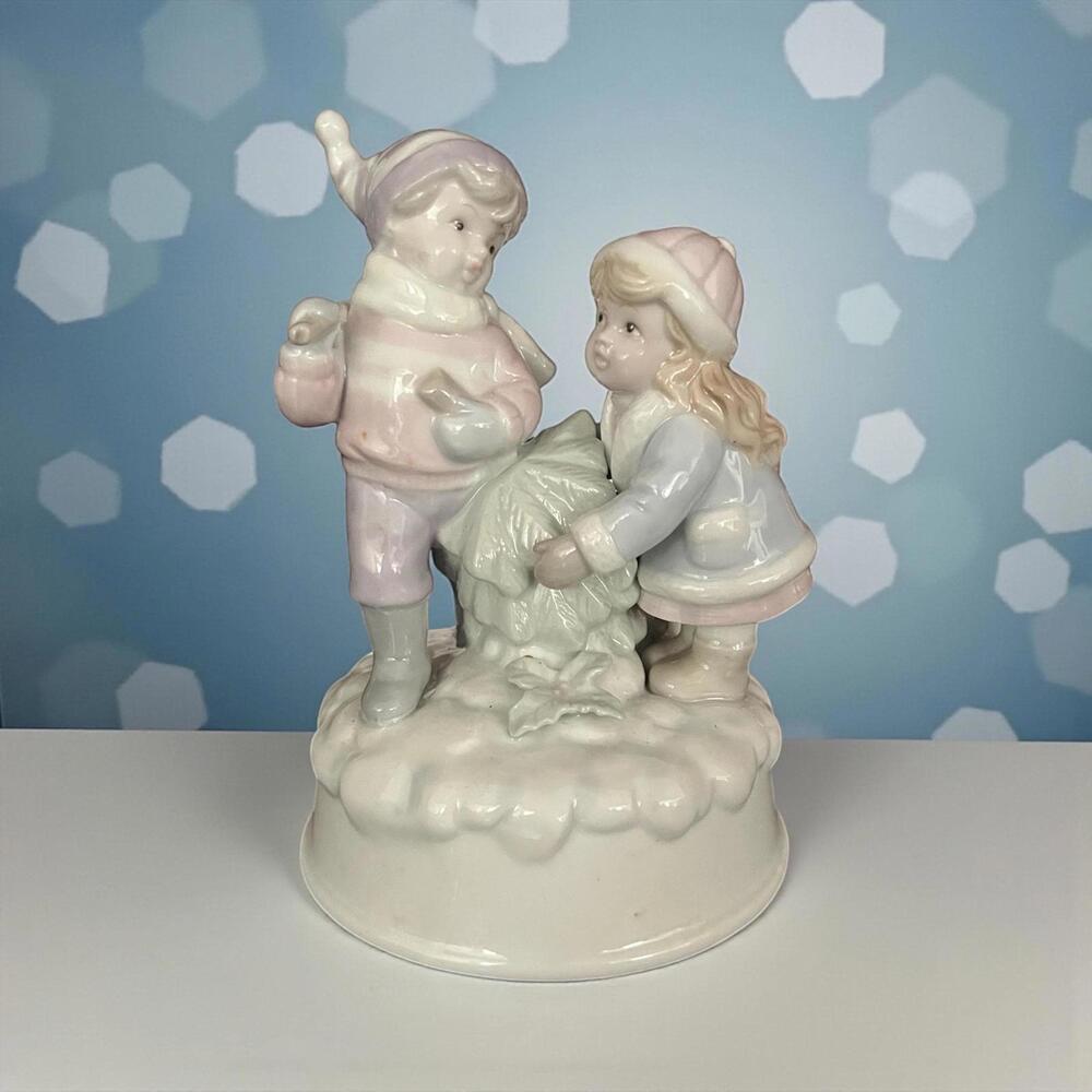 1980s Christmas Music Box – Plays “Jingle Bells” – Porcelain Figurine